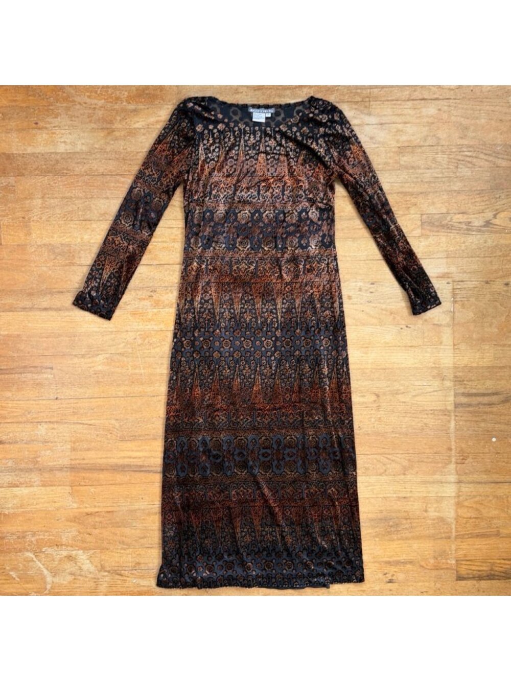 Vintage Burnout Crushed Velvet Dress Size Small Black/Brown Floral Long Maxi
